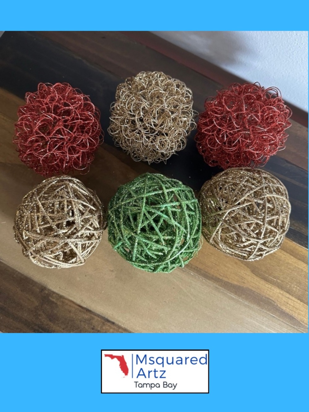 Set of 6 Glitter Decorative Balls Red Gold Green Wood Metal Christmas Filler